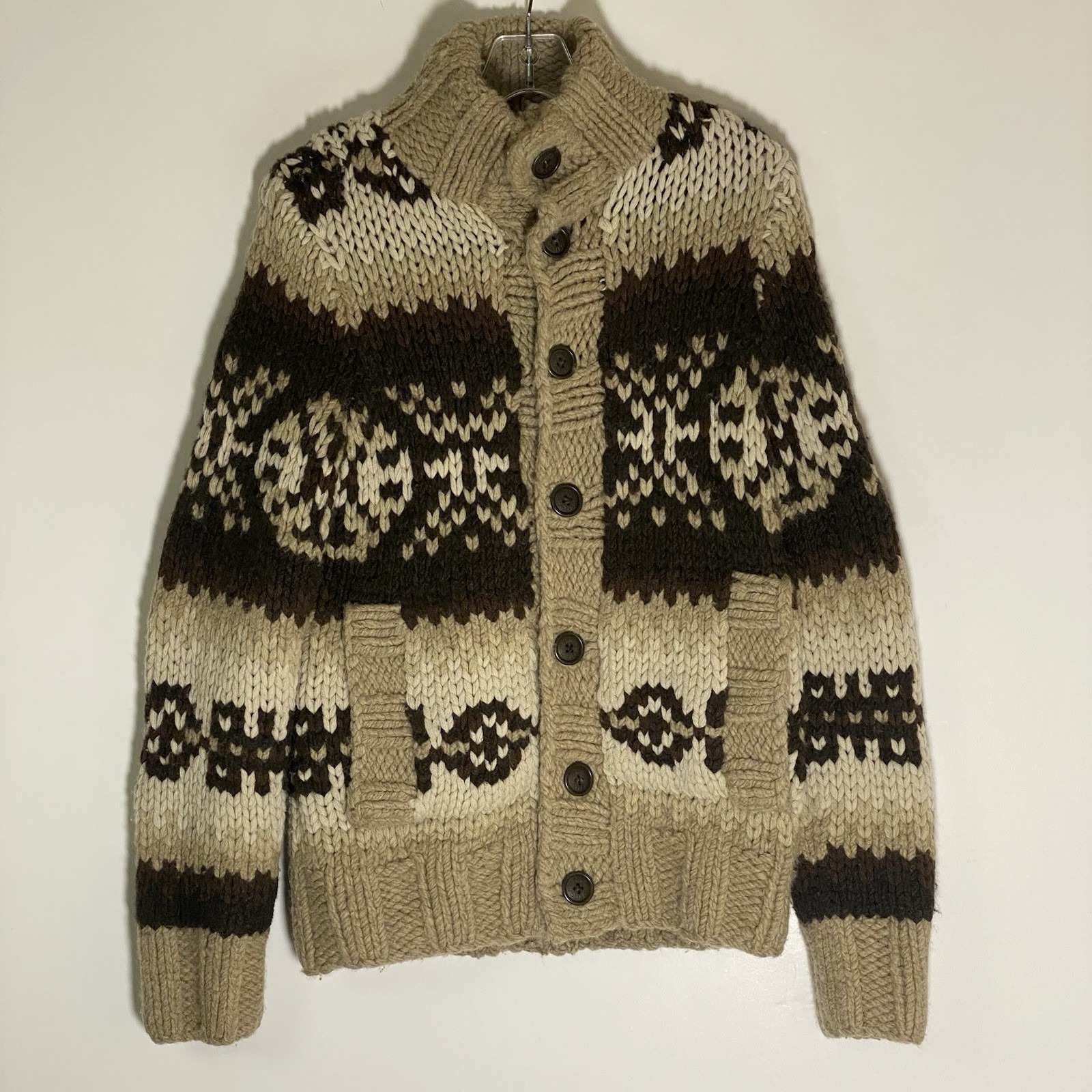 Vtg Ezra Fitch Cardigan Sweater Mens Small Tan Brown Lambs Wool Hand Knit Y2k S